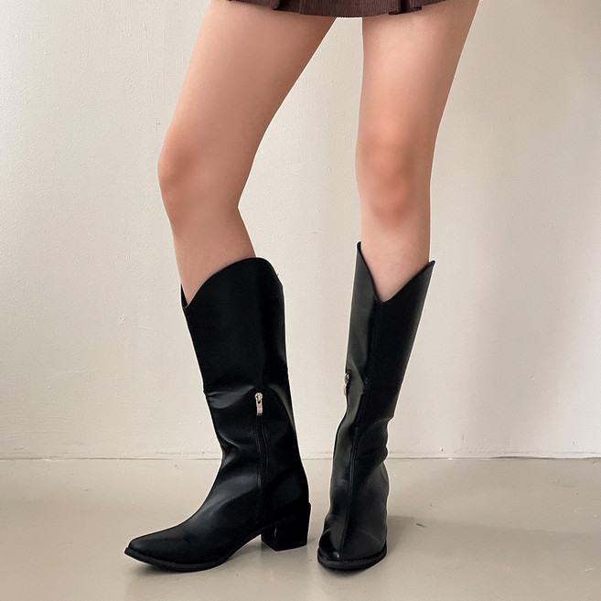 플라틴베이지 여성용 미들굽 브이컷 웨스턴부츠 5cm