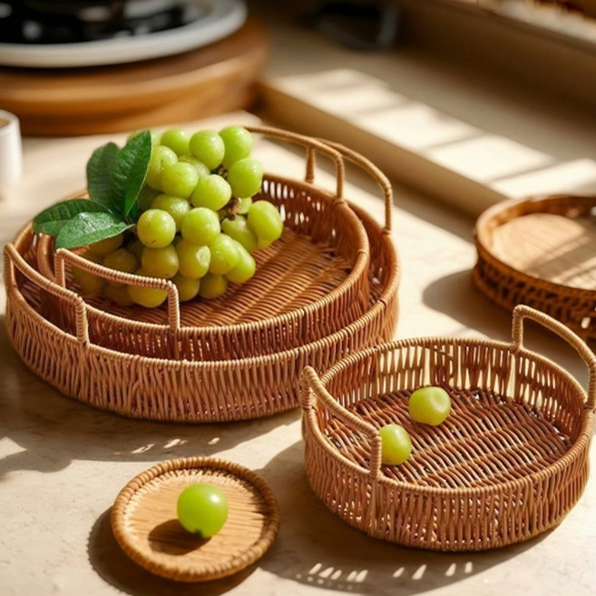 까페 라탄 베이커리 과일 바구니 손잡이 원형 트레이 3종세트, 1세트, 브라운
