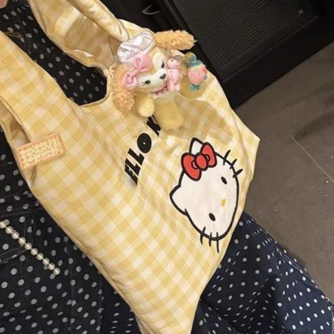 오베테 키티체크 자수 숄더 에코백 (블루/레드/옐로우)