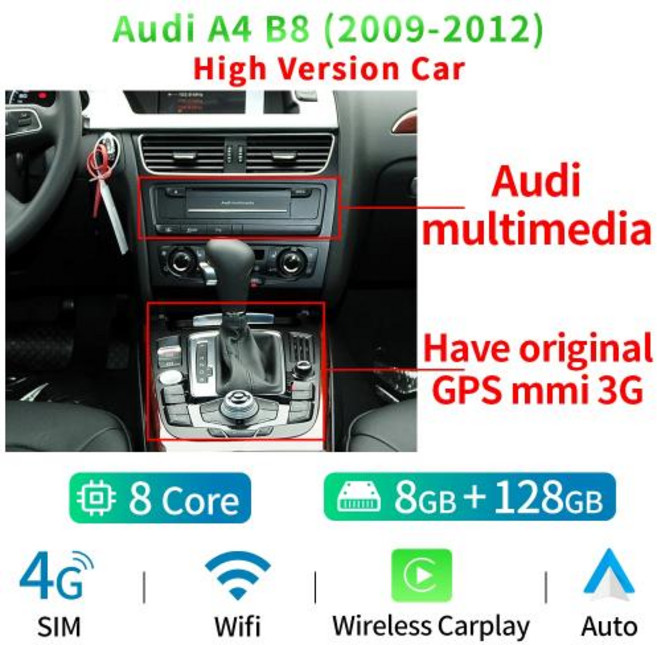 차량용 멀티미디어 플레이어 와이파이 SIM 13 아우디 A4 B8 2009-2016 8 코어 CPU 구글 BT GPS 내비게이션 리시버 태블릿, 없음, 10) 09-12 HIGH 8-128GB - Eight