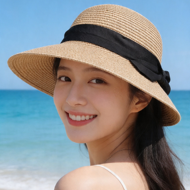 로아베린 여성 여름 휴양지 모자 밀짚 라피아햇 리본 버킷햇