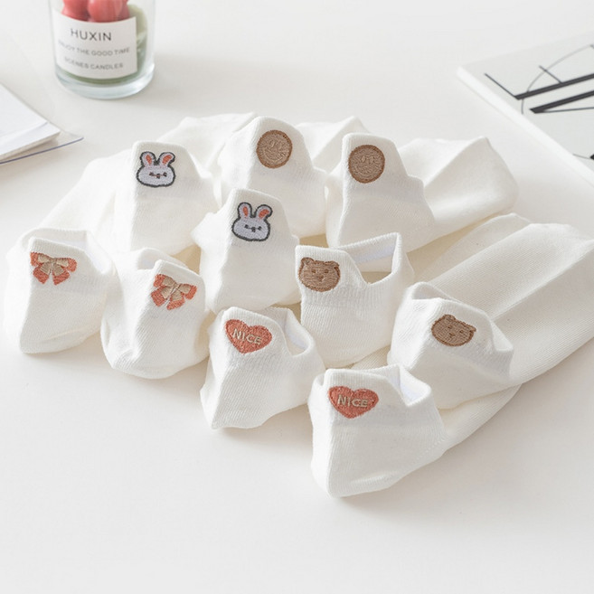 [5개1세트] 뷰티 여성용 봄 여름 자수 하트 리본 스마일 단목 발목 양말
