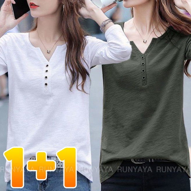 1+1 여성 순면 슬라브 브이넥 긴팔 티셔츠 루즈핏 캐주얼 데일리 D88U