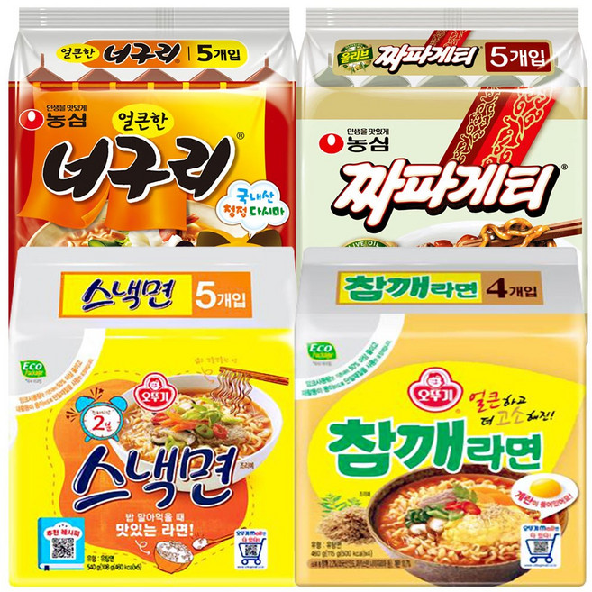 봉지라면 너구리5+짜파게티5+스낵면5+참깨라면4, 1세트