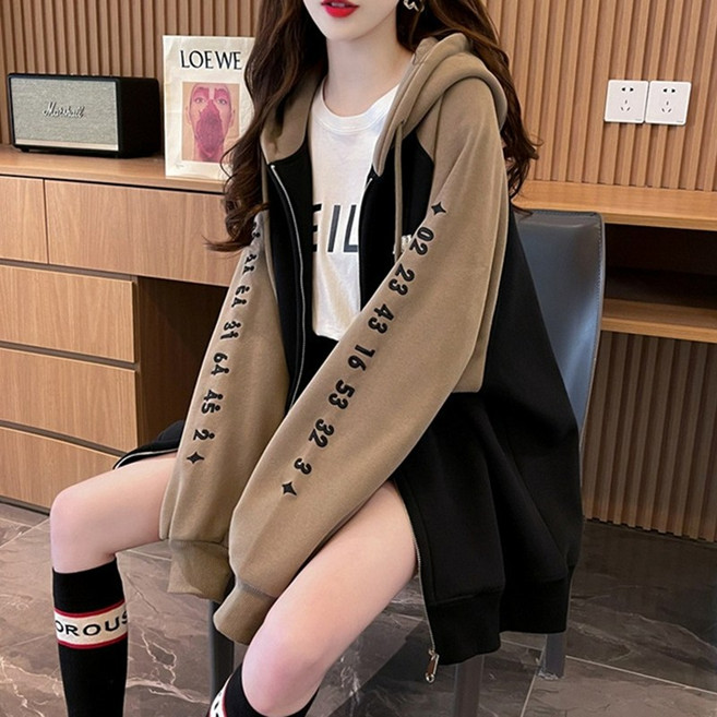 Asure 여성 간절기 가을 트랜드 후드 점퍼 지퍼 영문 자모 빅 사이즈 캐주얼룩