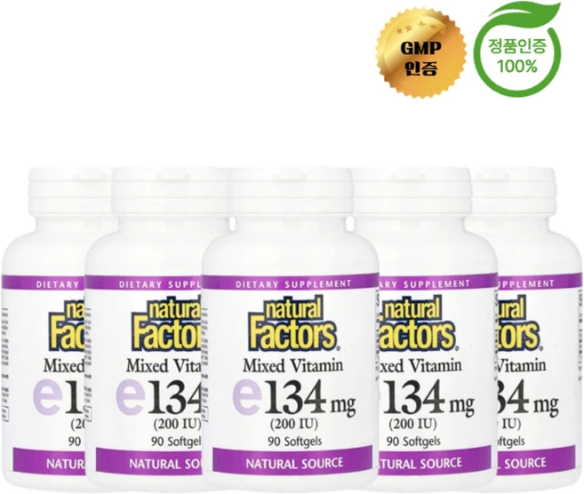 3+2 내추럴 팩터스 혼합 비타민E 134mg 소프트젤 90정, 5개 - 쿠팡