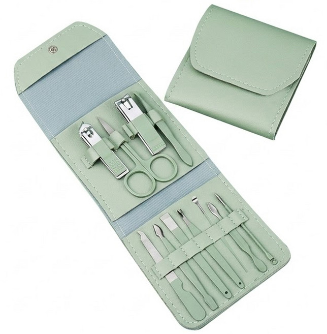 센티브 가죽케이스 손톱깎이 네일케어 12종 세트, 1개, 민트그린