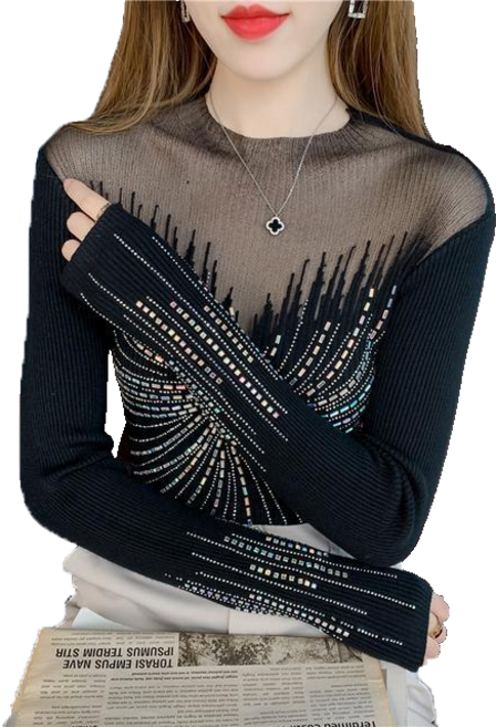 여성 큐빅 망사 펀칭 긴팔 니트 티 1T327