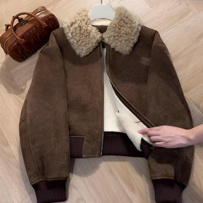 ORZQU 여성 겨울 가을 빅카라 지퍼 코트 무스탕 데일리 후리스 숏 자켓