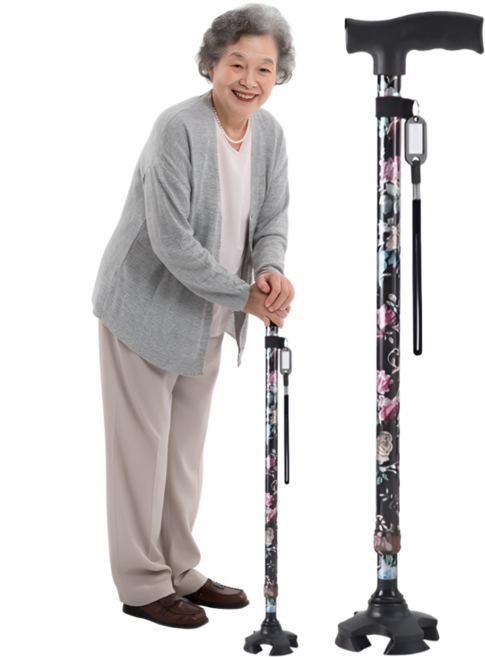 에이리브 노인 미끄럼방지 네발 길이조절 꽃 어르신 여성용 가벼운 지팡이, 1개, 블랙