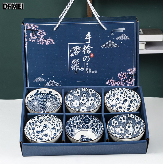 DFMEI 日式陶瓷碗套碗青花瓷餐具禮品碗公司活動店慶年會伴手禮碗筷套裝, 1個, 青花D, 4碗