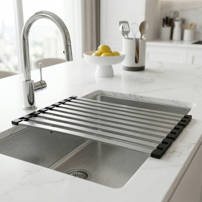 가득채움 304 스테인리스 싱크롤 올스텐 주방 싱크대 롤매트 접이식 식기건조대, 1개, 다크그레이(실리콘)