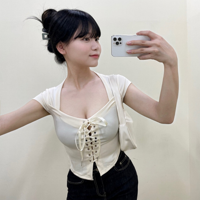 VANANA2 여성 스퀘어넥 슬림핏 아일렛 무지 크롭 캐주얼 반팔 티셔츠