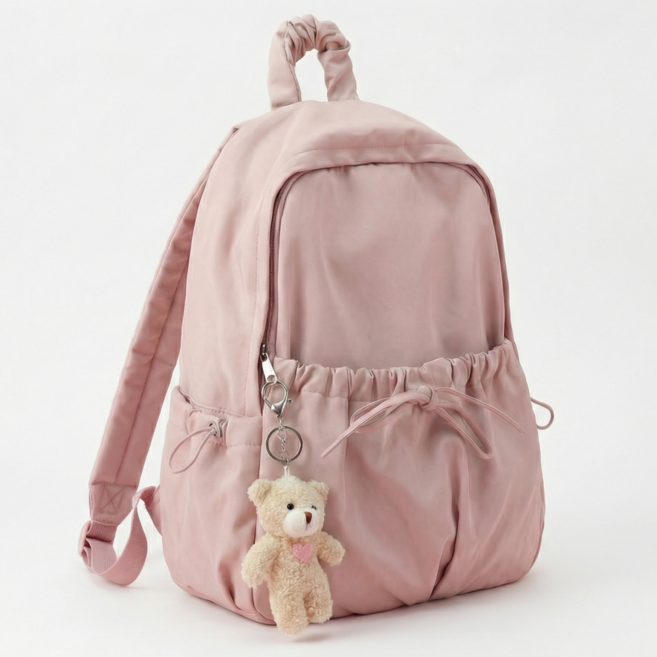 닷옴 여성 나일론 리본 셔링 발레코어 포켓 백팩 곰인형 키링 가벼운 가방