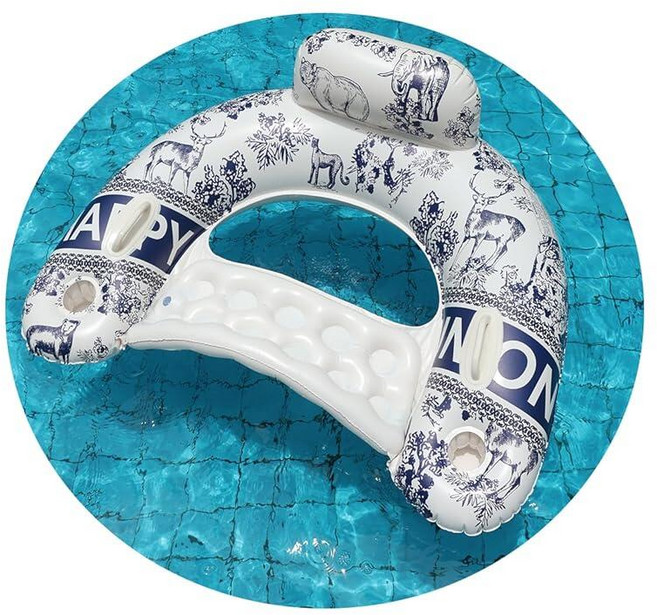 Pool Floats Adult Inflatable Chair with Headrest 2 Cup Holders & Handles Blue Toile Print U-Sha, Pool Floats Adult, Inflatable
