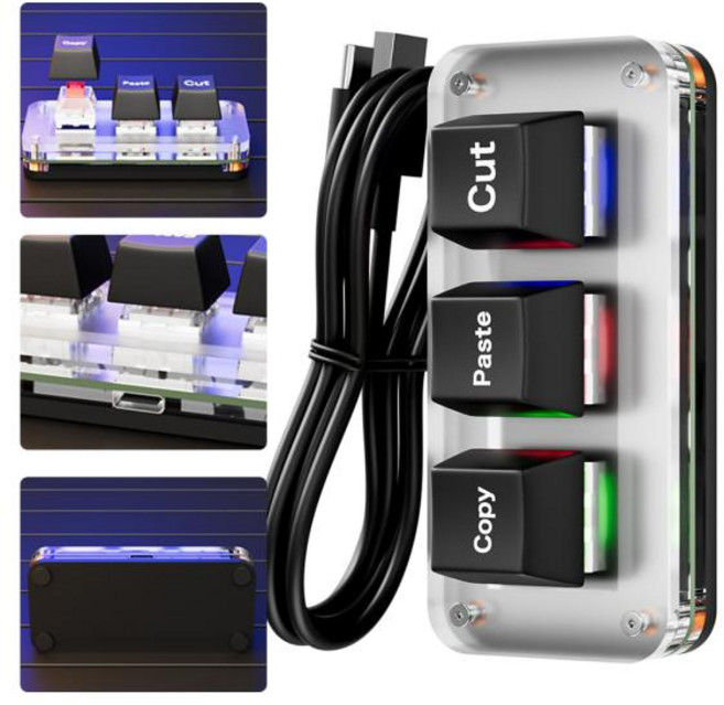 3키키보드 매크로키보드 RGB 미니 컷 복사 붙여넣기 키보드 3 키 게임용 키패드 USB C 타입 프로그래밍 가능 회계 작업 또는 리듬