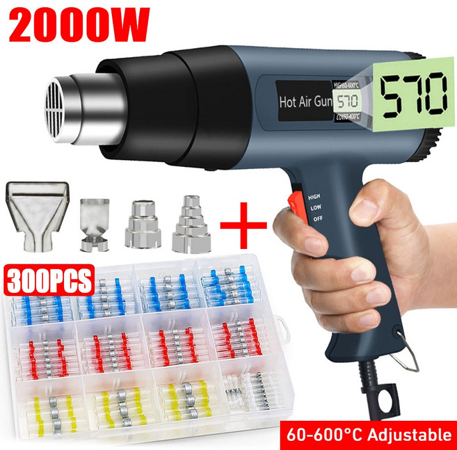 2023 2000W 에어 드라이어 핫 에어 건 헤어 드라이어 납땜 열풍기 수축 포장 도구 300 개 와이어 커넥터 포함 신제품, 10)No LCD1US 110V