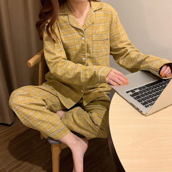 심플 체크 가을잠옷 긴팔 파자마 세트