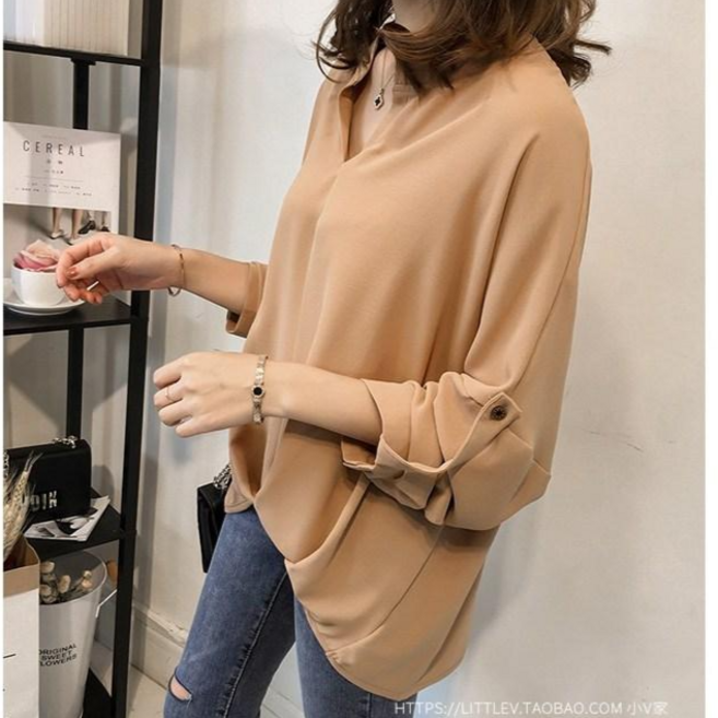 베러댓걸 여성용 여름 소매 롤업 브이넥 단색 셔링 블라우스