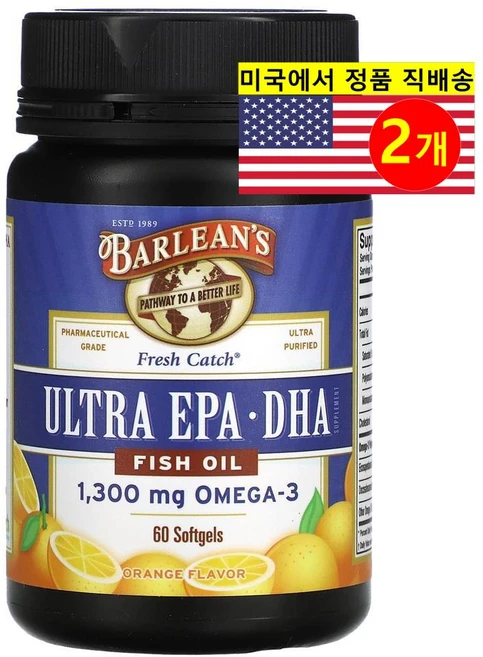 Barleans 발리앙스 피쉬 오일 오메가-3 울트라 EPA DHA 오렌지향, 2개, 60정 - 쿠팡
