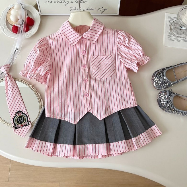 구빠방 아동 스쿨룩 퍼프 셔츠 플리츠 스커트 투피스