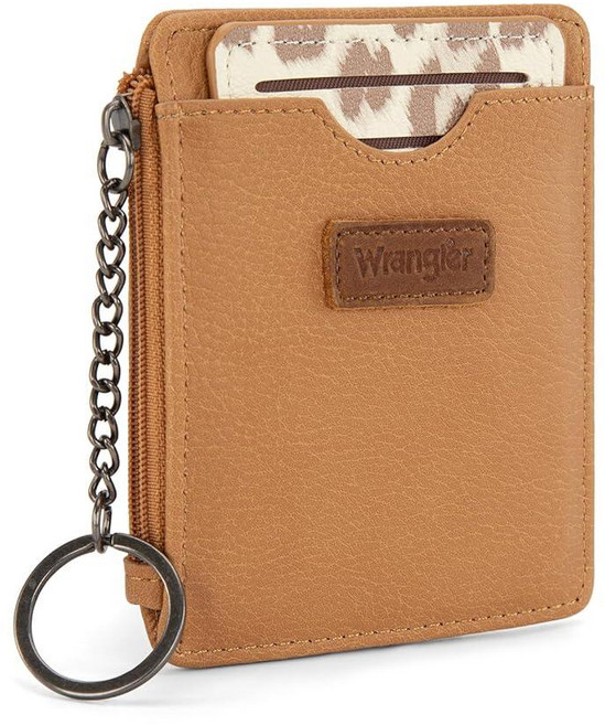 Montana West X Wrangler 여성용 신용 카드 홀더 RFID 차단 키체인 지갑 신분증 창 및 지퍼 동전 포켓 포함 레오파드 탠 웨스턴