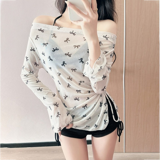 Asure 여름 여성 리본 오프숄더 비키니 커버업 수영복세트, 블랙