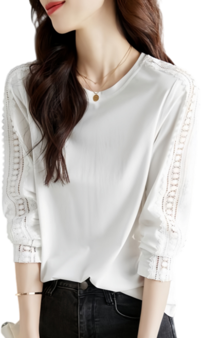 Makone 여성 라운드넥 솔리드 무지 패션 소매 레이스 패치워크 프렌치 심플 데일리 티셔츠