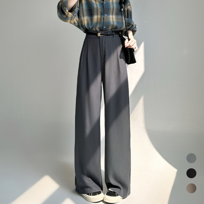 Amlition 여성 뒷밴딩 투턱 와이드 롱 슬랙스