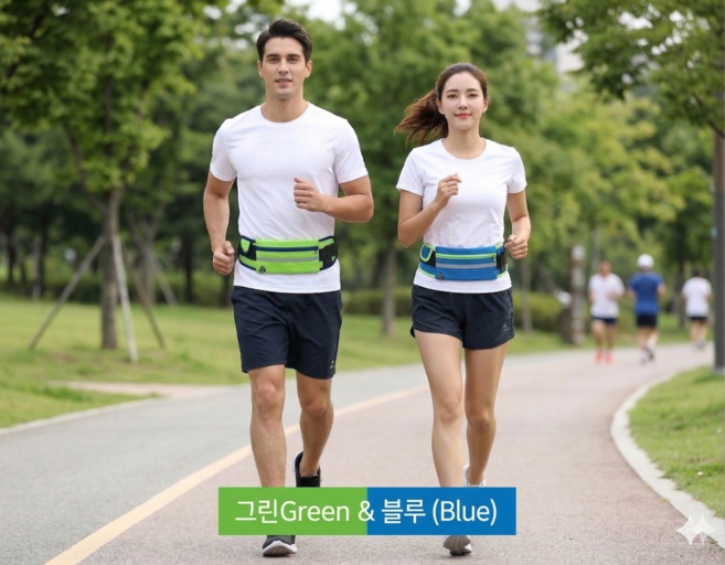 런닝벨트 물통 휴대폰 이어폰 케이스 수납 가능한 경량 러닝힙색, 3개, 그린+블루