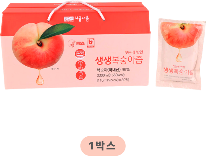시골내음 생생 복숭아즙 100% 착즙 한여름 복숭아를 베어먹는 맛, 30개, 110ml, 30개