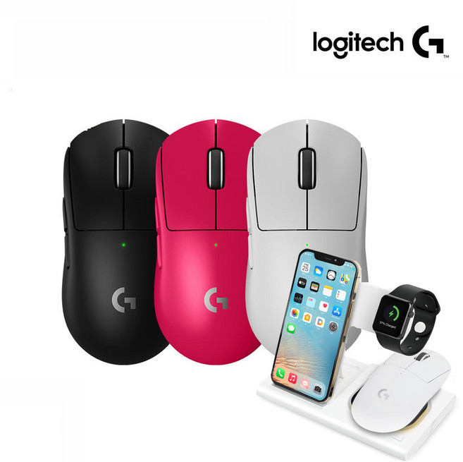 로지텍 G PRO X SUPERLIGHT2 슈퍼라이트2 지슈라2 무선 게이밍 마우스+ 스카이울프 4in1 무선 충전기 (애플워치용), 핑크, 지슈라2 마우스+4in1 화이트충전기