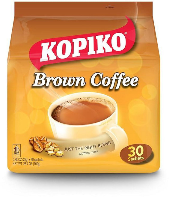 KOPIKO 프리미엄 3 in 1 인스턴트 커피 믹스 - 정통 인도네시아 화산 커피 강하면서도 매끄러움 크리머 및 설탕이 사전 혼합됨 (30개 커피 봉지에 601g(21.3, 브라운 커피, 0.88 Ounce (Pack of 30), 1개, 1개입