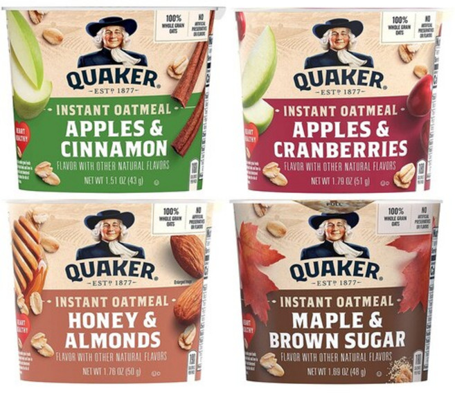 Quaker 퀘이커 인스턴트 오트밀 컵 4종 애플 시나몬 메이플 허니 아몬드 12컵 총 576g, 1세트