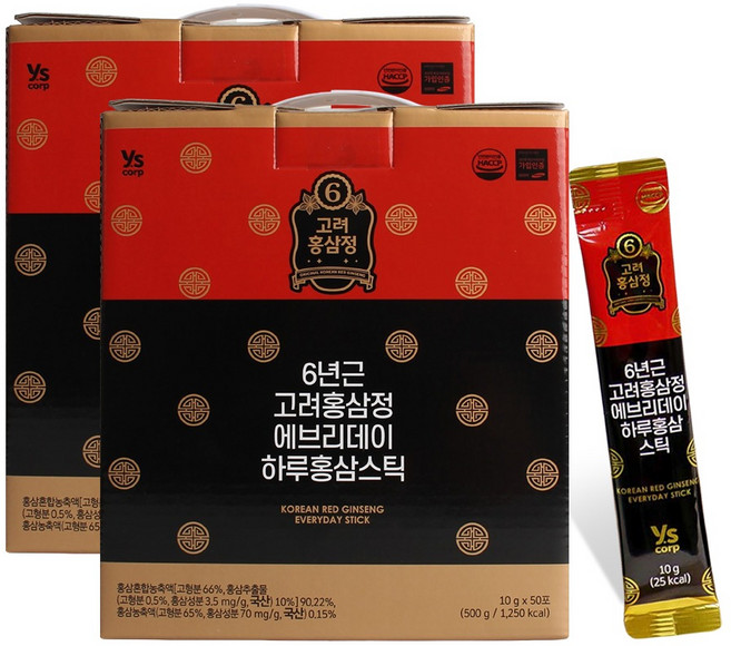 고려홍삼정 6년근 에브리데이 하루 홍삼 스틱 50포, 2개, 500g