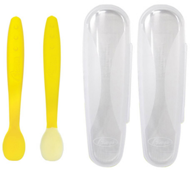[1+1] 아가프라 이유식스푼+케이스 온도감지 실리콘 아기 수저 자기주도 이유식준비, 1세트, 라이트옐로우 + 다크옐로우 + 케이스 2p