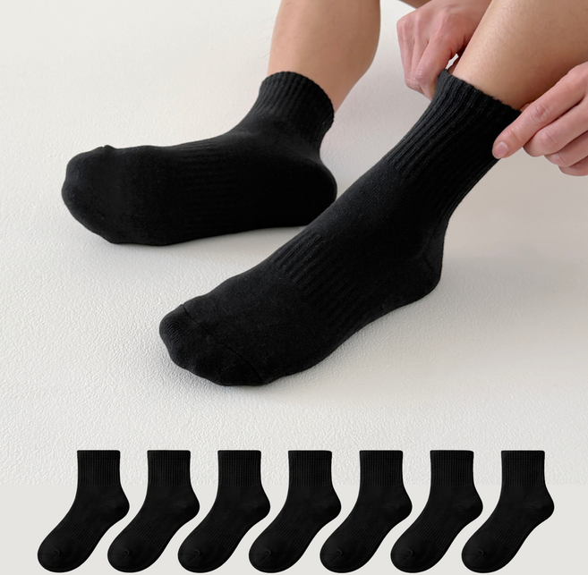 래비뜨 두꺼운 남성 이중 쿠션 중목 스포츠 양말 7켤레, 블랙, 1세트