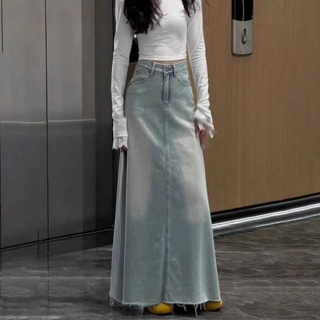 히또리 P0827 청순 연청 슬릿 워싱 데님 롱 스커트
