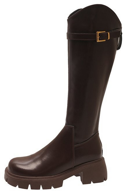 厚底V口騎士靴 粗跟皮帶扣高筒靴