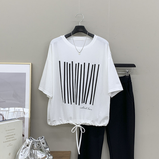 [행복여] 스틱 레터링 밑단 스트링 루즈핏 쿨 반팔 티셔츠