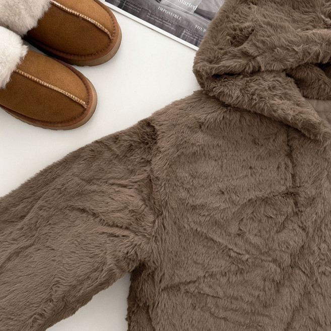 親膚保暖泰迪熊連帽長版毛絨外套 咖啡色