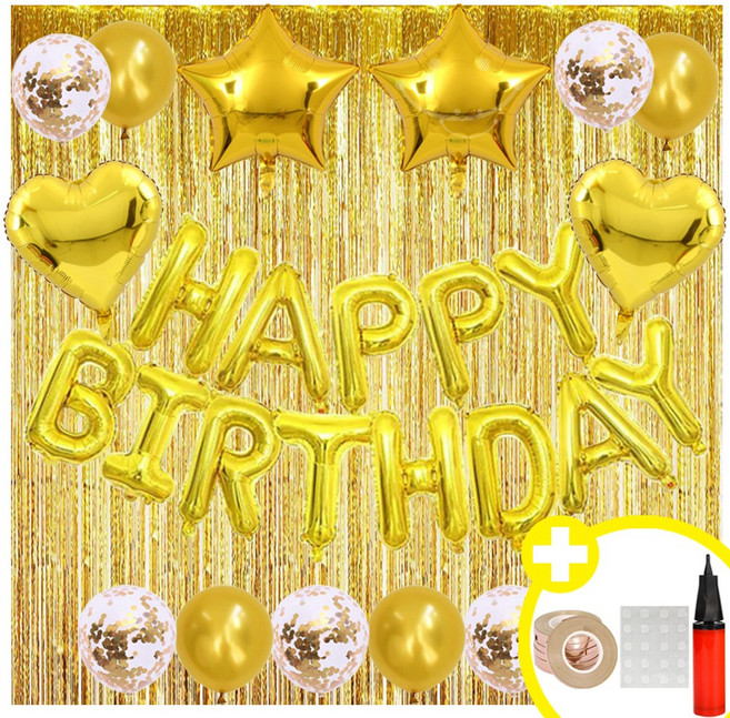 생일파티 용품 하트 스타 HBD 생일풍선 파티용품 세트 인생샷 포토존 연출템 10옵션 [에브리띵스마일] 1219, 1세트, 골드 풍선 커튼