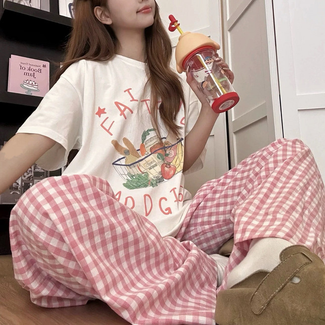 올해브 여성용 잠옷 반팔 티셔츠 + 긴바지 홈웨어 잠옷 상하의 세트