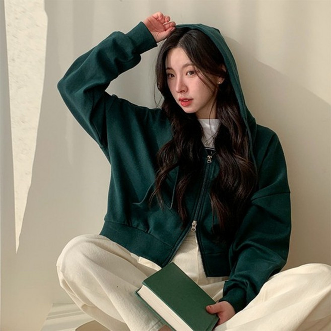 투웨이집업 키작녀 진초록 코튼 크롭후드점퍼