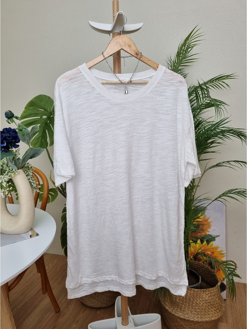 [소프트터치] 여성용 슬라브 박시 롱 반팔티 / 화이트 무지 / 여름 데일리 기본템