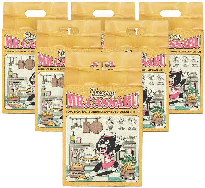 허레이 미스터 카사부 응고형 두부 카사바 블렌딩 고양이 모래, 7L, 6팩, 무향