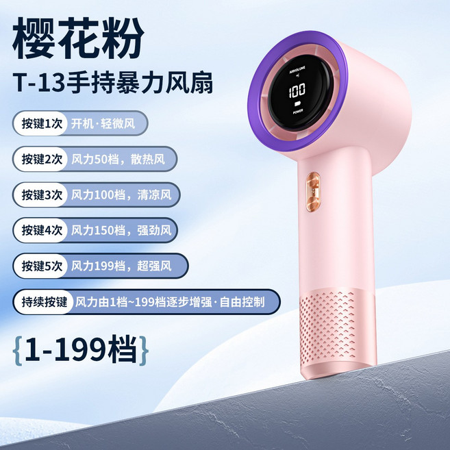 2026新款usb充電迷你暴力風扇便攜式渦輪無葉高速手持小風扇, 無規格, T13-199檔/3000毫安-粉色