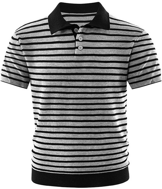 남자 스트라이프 니트 반팔 카라티 데일리 티셔츠