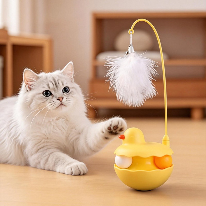 디엔피오 고양이 낚시대 고양이 장난감 고양이 움직이는 장난감 오뚜기 깃털 장난감, 1개, 노란색