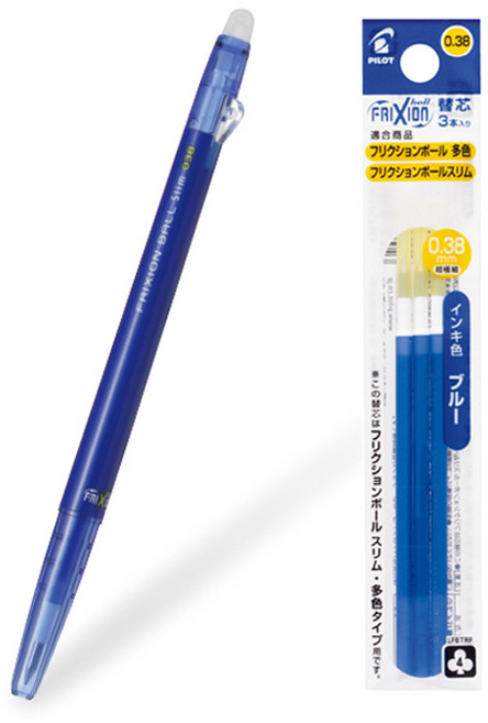 파이롯트 프릭션 지워지는 볼펜1개+리필3개 /0.38mm 0.5mm 0.7mm, 슬림 0.38mm 블루 볼펜1개+리필3개, 1세트